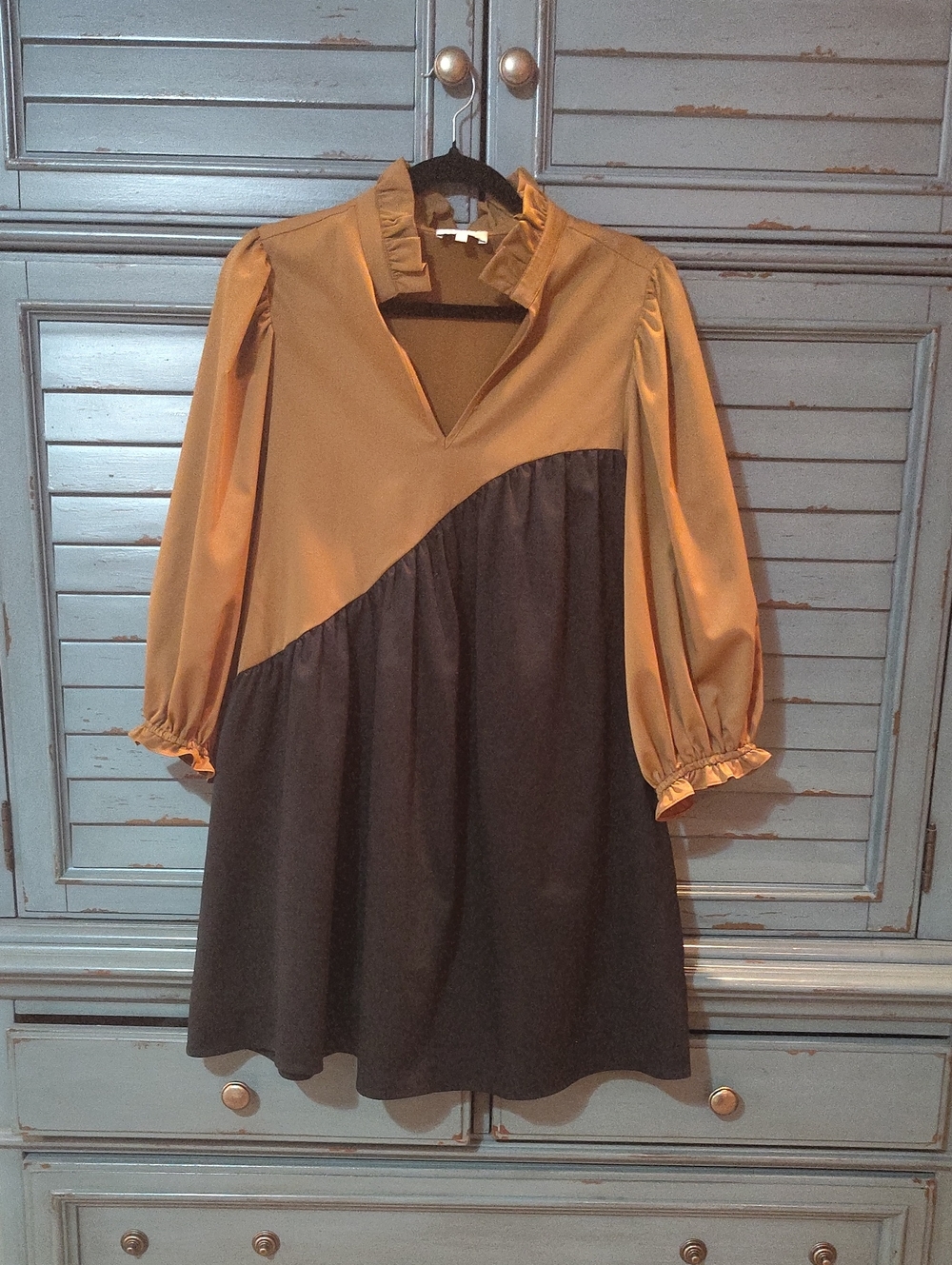 CROSBY by Mollie Burch Mustard and Black Colorblock Ruffle Dress